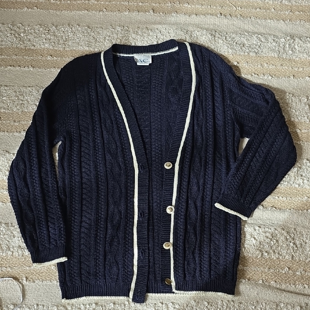 A C Navy Cable-Texture Cardigan with Cream Trim Vintage Small